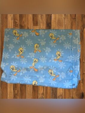 Vintage Tweety Bird Twin Flat Sheet Blue Floral Looney Tunes Made USA